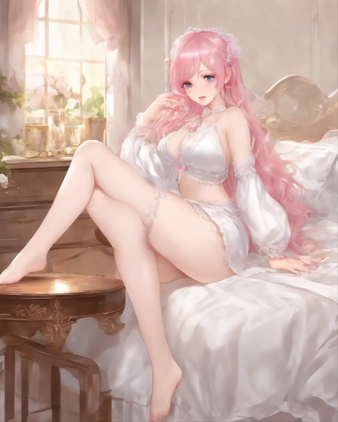 Beautifully illustrated、top-quality、Lovely royal sister、Bedroom、A pink-haired、long whitr hair、huge tit、a navel、showing white panties、Take off your skirt，The reveal panties、Bare legged、eBlue eyes，girl，shackle，binding，锁链，Sexual sexual toy，kneeling down，leaked pee，nakeness，A masturbation stick is inserted into the 
