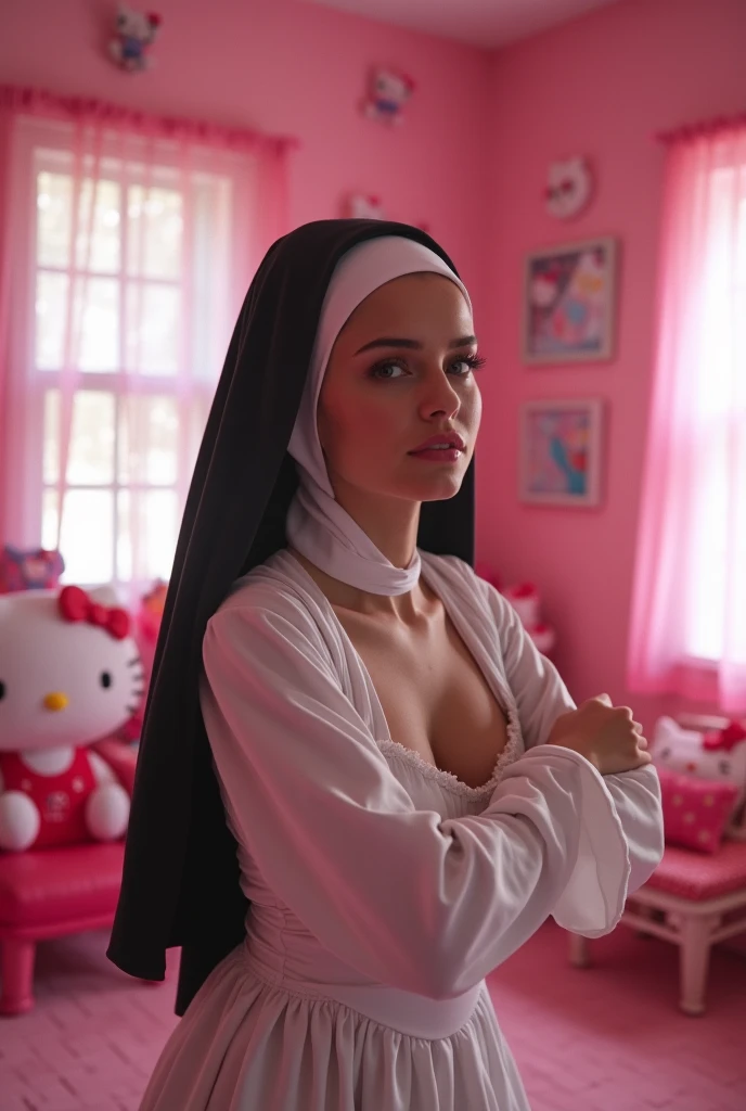 front camera selfie of female eilxxn nun shirtlift ,female nun attire,humongous boobs,profile picture ,wearing a nun outfit,shirtlift,red hair