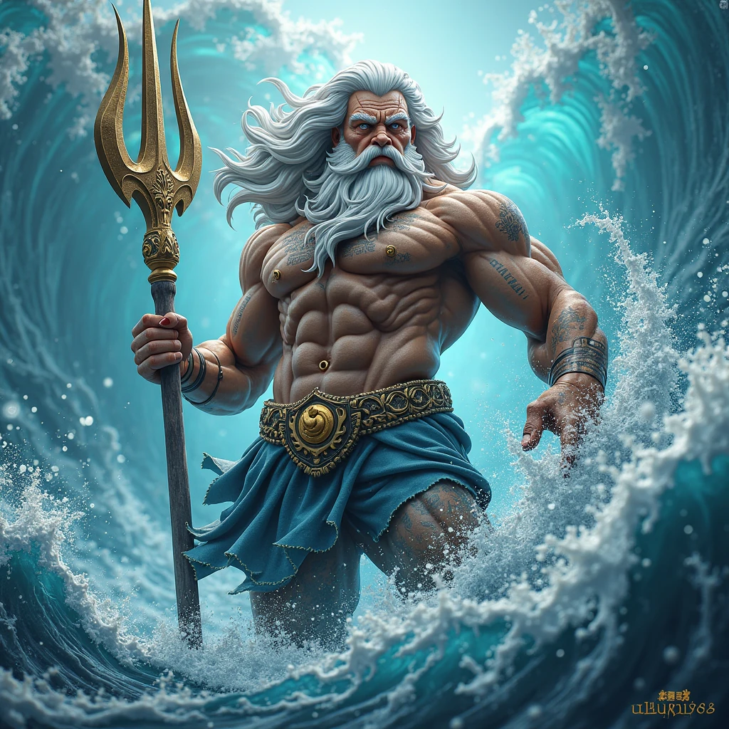 Mythological man logo,
god taming shark plus drawn trident