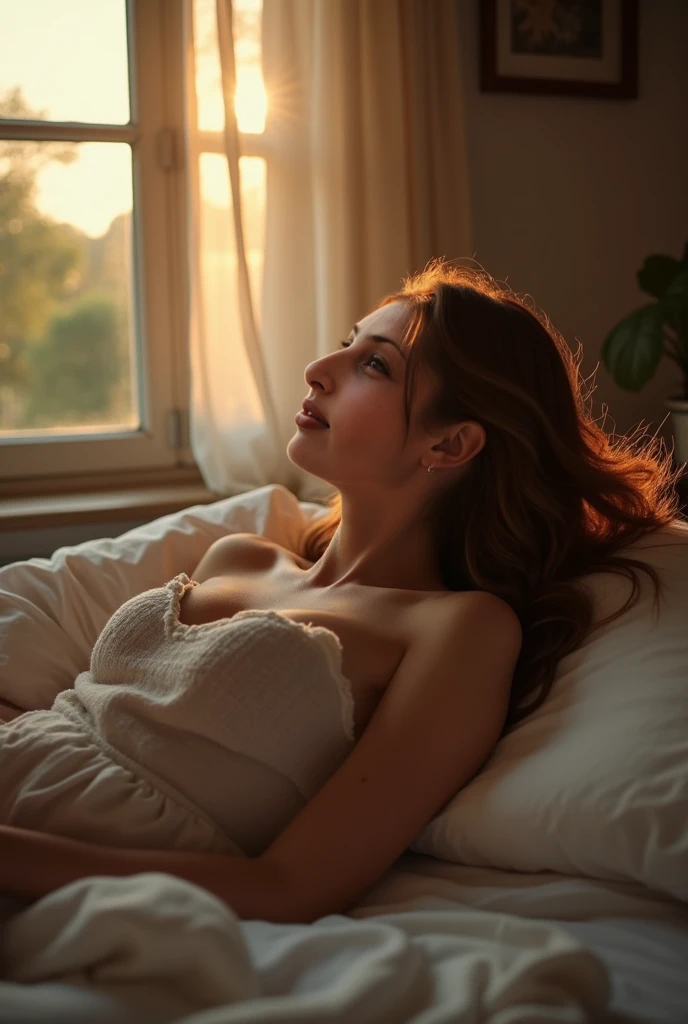 a stunningly realistic, high resolution 8K photo of a beautiful 30-year-old woman with medium long hair and a glamorous figure laying on a bed in a boudoir setting looking at the rain outside, dramatic lighting, masterpiece, best quality, photorealistic, ultra-detailed, HDR, physically-based rendering, studio lighting, vivid colors, bokeh