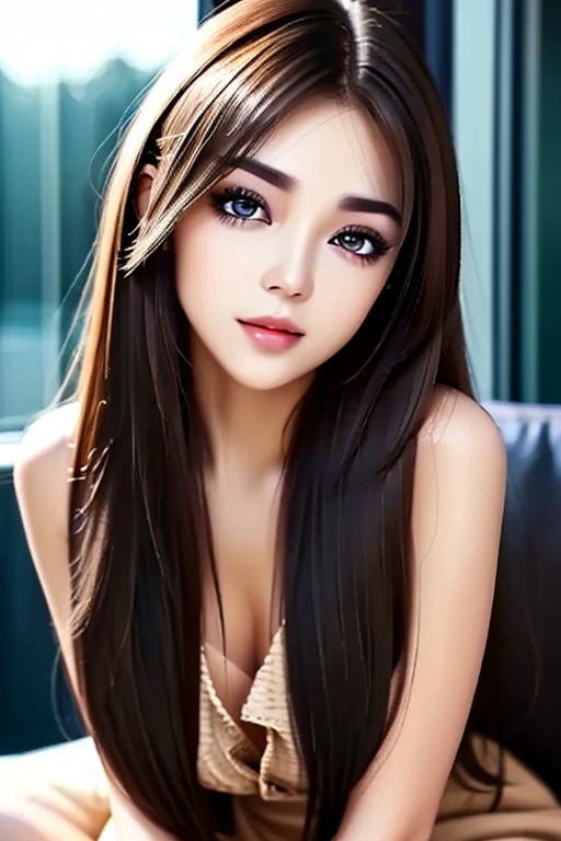 anime girl , tiered chest length hair, brown hair with blonde highlights, fine brown eyes, small lips, tender, black dress