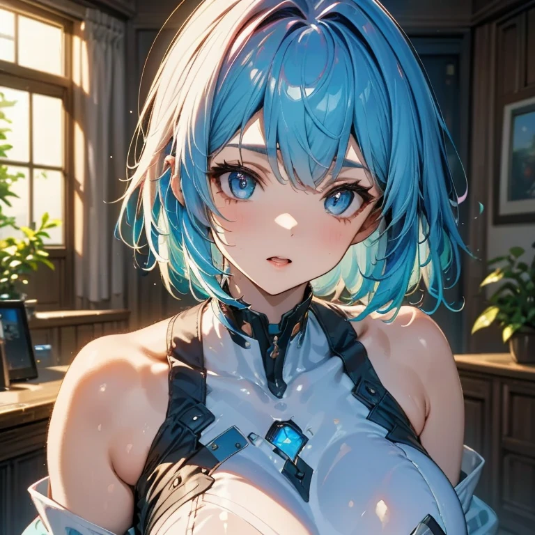 Sky blue hair、Braided Short Hair、Pink Eyes、Fair skin、whole body、Cultural Festival、School、Schoolの服、masterpiece、Highest quality、Very detailed、Best Shadow、Detailed Background、Beautifully detailed face、High Contrast、Best lighting、Very delicate and beautiful、Cinematic Light、Hyper Detail、8k、Dramatic Light、Exquisite detail、