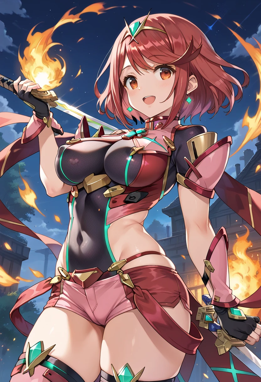 pyra \(xenoblade\), teen_1girl, armor, bangs, black gloves, breasts, red eyes, closed mouth, earrings, eyelashes, fingerless gloves, floating hair, framed breasts, gem, gloves, hair ornament, headpiece, jewelry, big_breasts, leaning back, leotard, neon trim, official art, pose, red hair, red shorts, saitou masatsugu, short hair, short shorts, short sleeves, shorts, sidelocks, skin tight, solo, standing, swept bangs, thighhighs, tiara, night_prairie_background, turtleneck, underbust, vambraces, xenoblade chronicles \(series\), (xenoblade chronicles 2), apart_legs, fire_effect,dynamic_pose_fighting,light_smile, (plump:1.1), big_ass,huge_sword, hold_large_sword_hilt, solo, covered_nipples, covered_pussy,open_mouth,