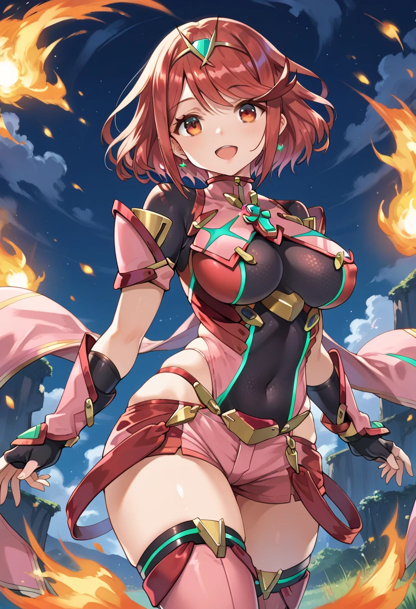 pyra \(xenoblade\), teen_1girl, , armor, bangs, black gloves, breasts, red eyes, closed mouth, earrings, eyelashes, fingerless gloves, floating hair, framed breasts, gem, gloves, hair ornament, headpiece, jewelry, big_breasts, leaning back, leotard, neon trim, official art, pose, red hair, red shorts, saitou masatsugu, short hair, short shorts, short sleeves, shorts, sidelocks, skin tight, solo, standing, swept bangs, thighhighs, tiara, night_prairie_background, turtleneck, underbust, vambraces, xenoblade chronicles \(series\), (xenoblade chronicles 2), apart_legs, fire_effect,dynamic_pose,fighting,light_smile, (plump:1.1), big_ass,huge_sword, hold_large_sword_hilt, solo, covered_nipples, (covered_pussy:1.2),cameltoe,open_mouth,back_view, fists,ponytail,plump,