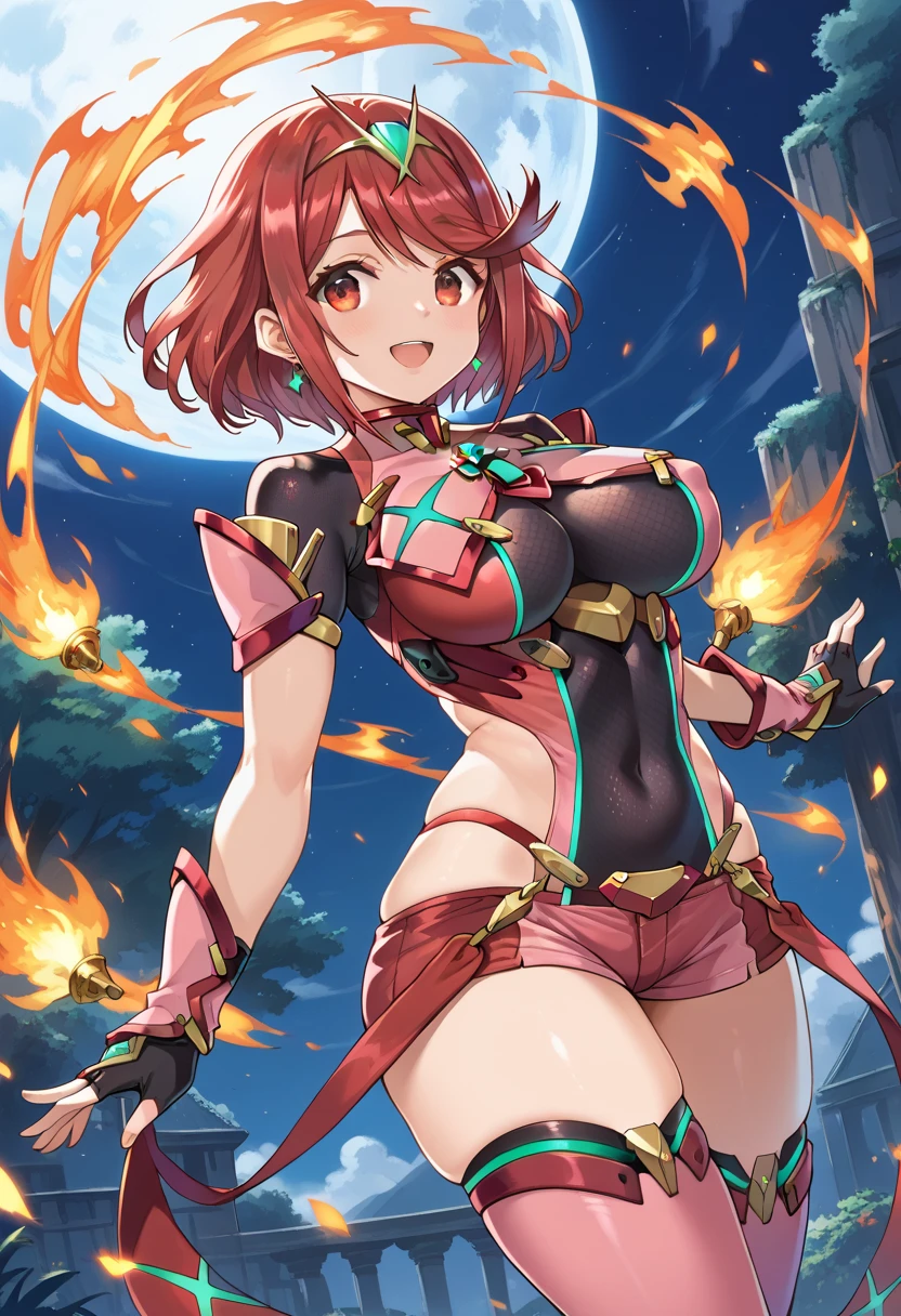 pyra \(xenoblade\), teen_1girl, loli, bangs, black gloves, breasts, red eyes, shout, earrings, eyelashes, fingerless gloves, floating hair, , gem, gloves, hair ornament, headpiece, jewelry, gigantic_breasts, leaning back, swimsuit, neon trim, official art, pose, red hair, saitou masatsugu, short hair, sidelocks, skin tight, solo, swept bangs, thighhighs, tiara, fantasy_town_background, underbust, xenoblade chronicles \(series\), (xenoblade chronicles 2), (spread_legs:1.1), fire_effect,dynamic_pose,fighting,light_smile, (plump:1.1), big_ass,huge_sword, hold_large_sword_hilt, covered_nipples, covered_pussy, fists,ponytail,beautiful_fingers,(solo:1.1), bare_shoulder,(shoulder_naked:1.2), nipple_jewel,back, back_view, focus_ass,ass, (very_short＿shorts:1.3),(lise_leg:1.4)