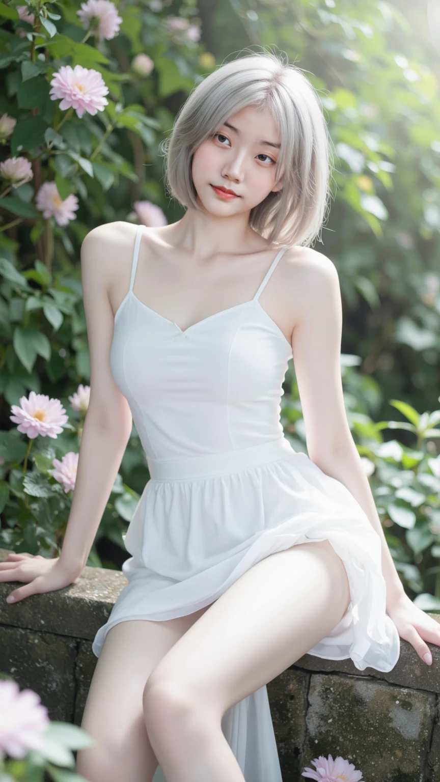 A japanese woman stands in a park where white clover blooms all around in front of river, exquisite and beautiful face, exquisite collarbone, seductive and delicate collarbone, charming fragrant shoulders, shoulders slightly exposed,  open-shoulder long sweater,sky blue sweater, pretty face, (peach Red lips:1.1), tender and smooth skin,(white skin:1.6),(black hair:1.1),(bob hair:1.2), short hair,(smile:1.2),smile with teeth, white teeth,very realistic details,  ultra-high resolution,bokeh,outstanding details, full body