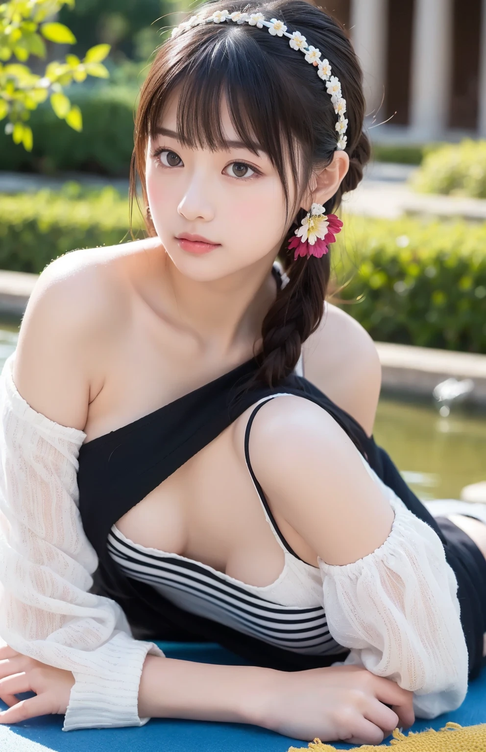 1 Japanese female, 30 years old, Very beautiful, (very cute), (Very detailed美しい顔), Great face and eyes,(Flower Hair Ornaments,Braided top knot,Twisted Side Part Ponytail Braided Headband,Half Up、Braided Space Van,Voluminous fishtail braid,Twisted pan),(The bangs are see-through),, My eyes got a little brighter, Normal makeup, (Tight camisole mini dress), (highest quality:1.4), (Very detailed), Very detailed CG 統合 8k 壁紙, Surreal, (Photorealistic:1.4), Raw photo, Professional photography, Cinema Lighting, Realistic portraits,  (Depth of written boundary:1.4), (View Photographer:1.3), (In a park with a pond), (Large Breasts:1.6)、Deep cleavage、, Very small waist,Voluptuous thighs、 (Whole Body Ezbian), Accurate Eyes, Beautiful mouth, (Keep your mouth completely closed), (evening:1.3), (Looking at the camera), (Amazing sunset:1.25), Sleeveless, Melancholic expression、A photo showing you from head to knees