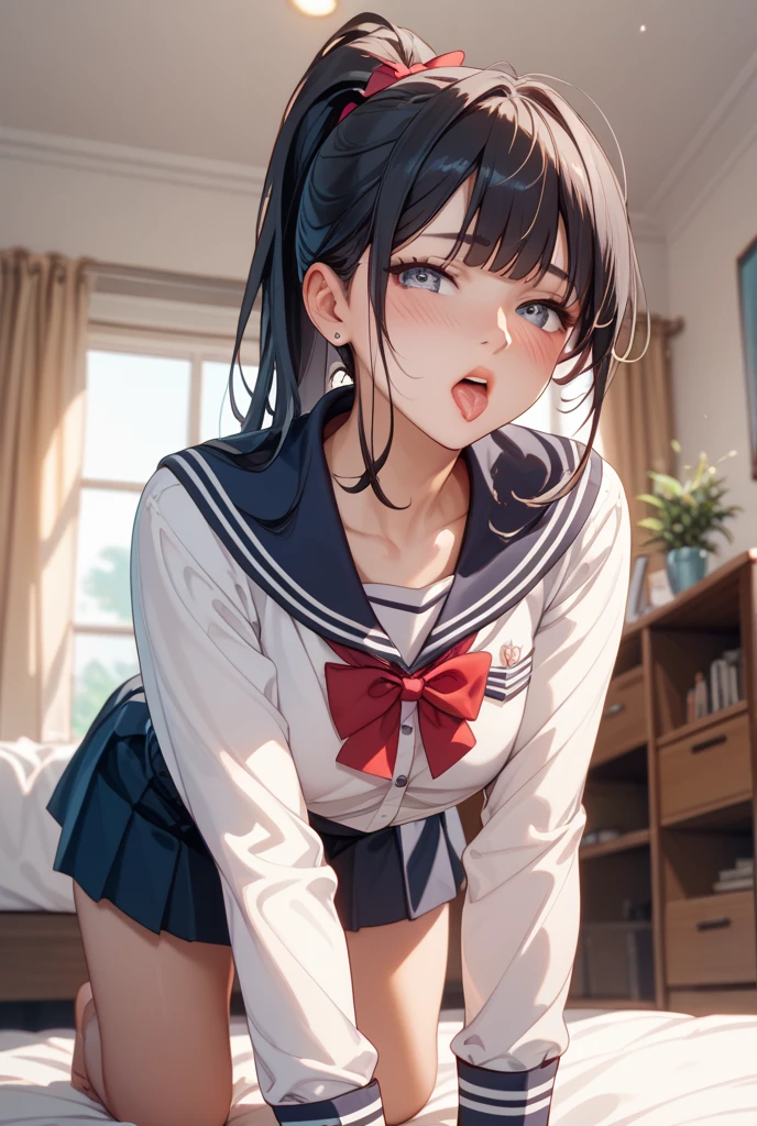 Beautiful girl at 13 years old,Japanese,,,Small and slim,Flat Chest,Small breasts,Baby Face,Small face,Black Hair,Twin tails,Grey Eyes,middle School girls,uniform,Summer clothes,open mouth,tongue out,Kneeling and sitting,Tie hands behind back,Beautiful and detailed anime art,A mischievous smile,high angle, looking at viewer, looking ahead, from above,cowboy shot,Sexy vibe,cum on tongue,On the bed,