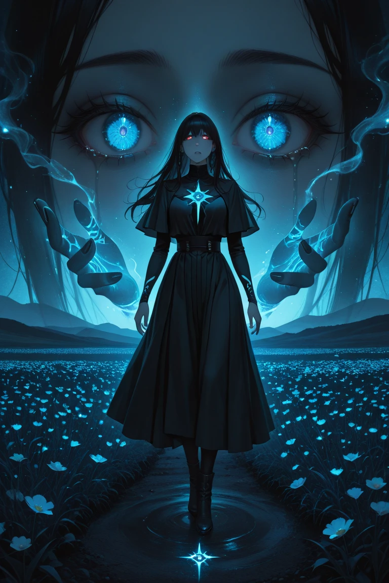 Astrologer,In the middle of the lake, Mysterious female black silhouette in the middle of the night, Surrounded by glowing constellations, Summoners dance to appease the spirits of the dead. Ceremonial canvas clothing. Sensual. Multiple magic arrays. Dynamic dance. Water Lily. Colorful palette.