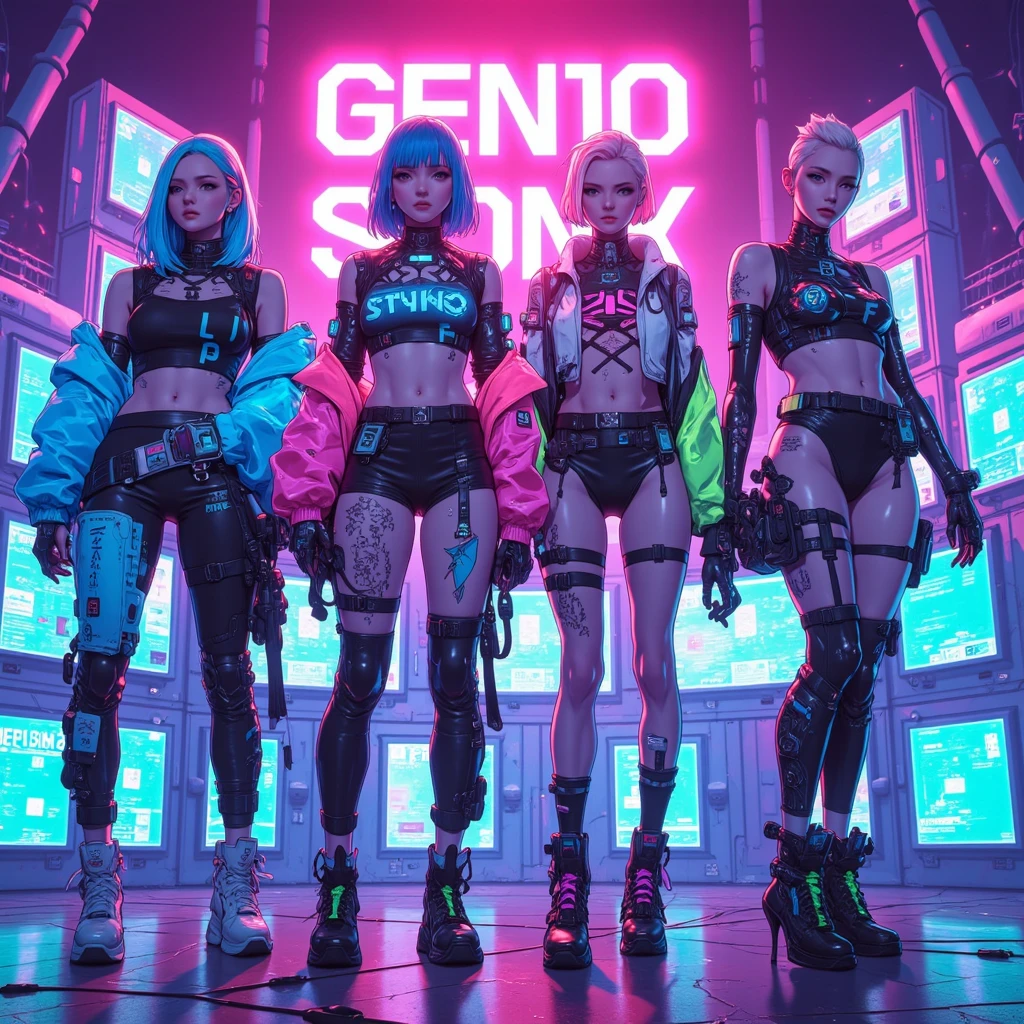 Create a movie poster with the "TTP-AI" logo above. There are 3 beautiful girls with pink hair, 90 bust, wearing sexy clothes, aqua blue eyes. Future technology style, image 3D donghua, 8k quality