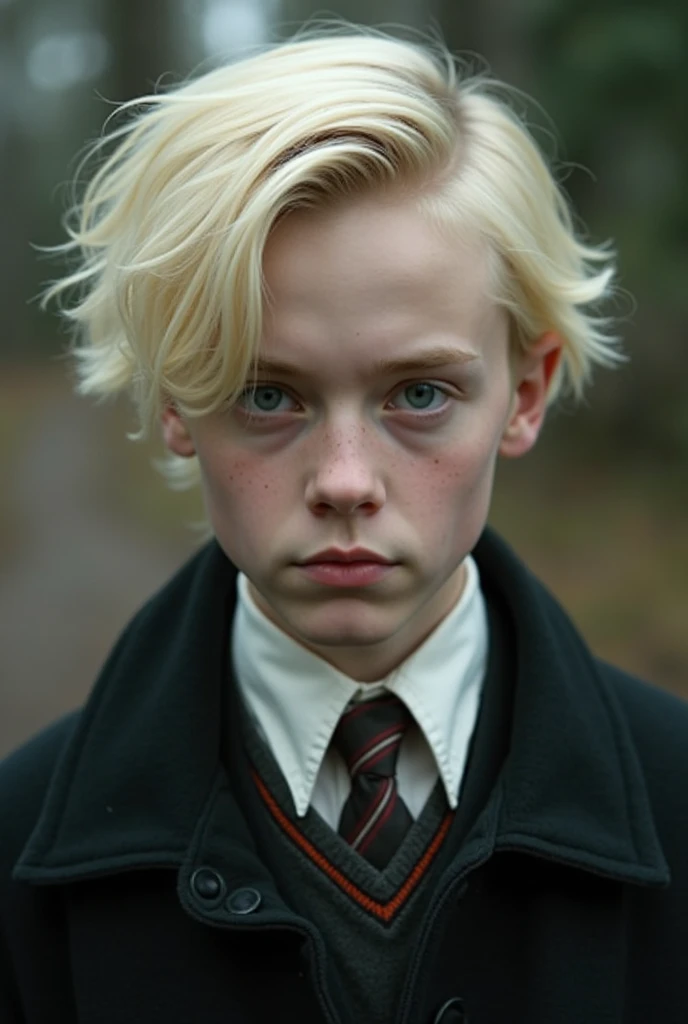Very handsome 17 year old boy, white-blonde hair and very pale skin, albino, light blue-grey eyes, dressed in white button up shirt and Slytherin tie, background of Hogwarts castle. Detailed realistic lifelike photograph headshot