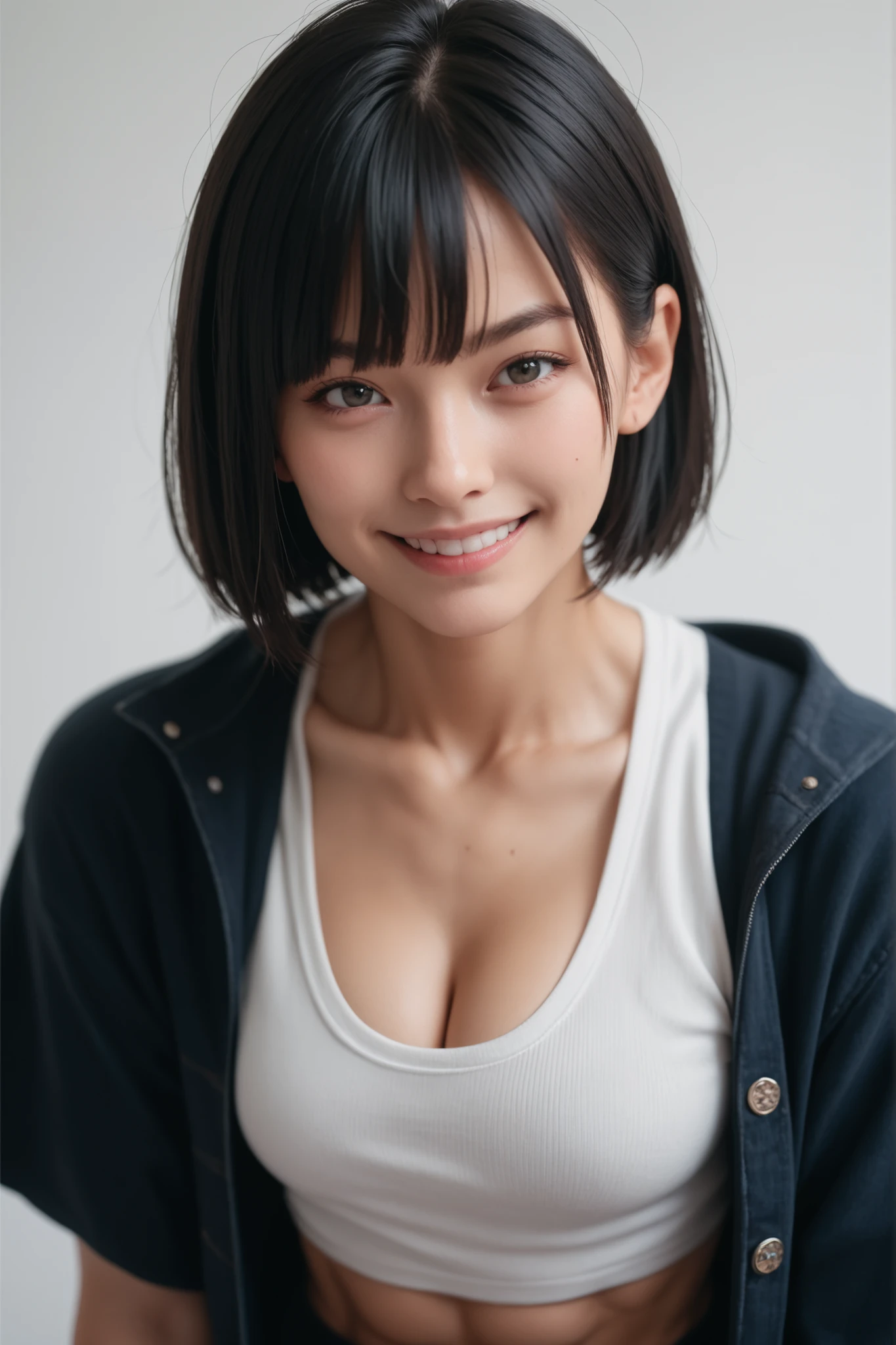 Portraiture, 8k, high quality, Realistic Photographic Images, 17 years old, Japanese women, Neat, small, Natural and realistic eyes, Beautiful black hair, short hair, light makeup, Octane Rendering, Beautiful lighting, Golden ratio composition, smile, Casual wear, Casual clothing, Natural background, Blurred Background(16k, RAW Photos, 最high quality, High resolution, ), （I can see a little bit of nipple swelling through my clothes.）High-definition RAW color photos, Professional photos, (Layered silhouette: 1.2), Complex patterns, , (Realistic, photoRealistic: 1.3), ( Japanese Girls), , Big breasts Very firm breasts、Non-sagging breasts、Showing cleavage。Too much exposure、（NSFW）Shine, (Detailed face: 1.2), (masterpiece: 1.5),Fine-grained beautiful skin, (cute:1.2), (sexy) (最high quality :1.2),((A girl, 1 girl : 1.3), solo, solo focus))、(One head according to human anatomy、Two Arms、Two Legs、Five Fingers)
「No deformed or unnatural body parts,A completely normal human body type」「A depiction of a woman that is faithful to human anatomy」、(A representation of a healthy, balanced and vibrant woman)
