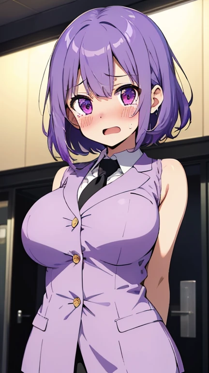 (1girl, solo), best quality, masterpiece, (leaning over:1.4), 1girl, yuzuriha_(jigokuraku), purple hair, brown eyes, cleavage, small breasts, topknot, medium hair, breasts apart, seductive smile, (blush:1.1), japanese exterior, classroom, beautiful pose, (school outfit),