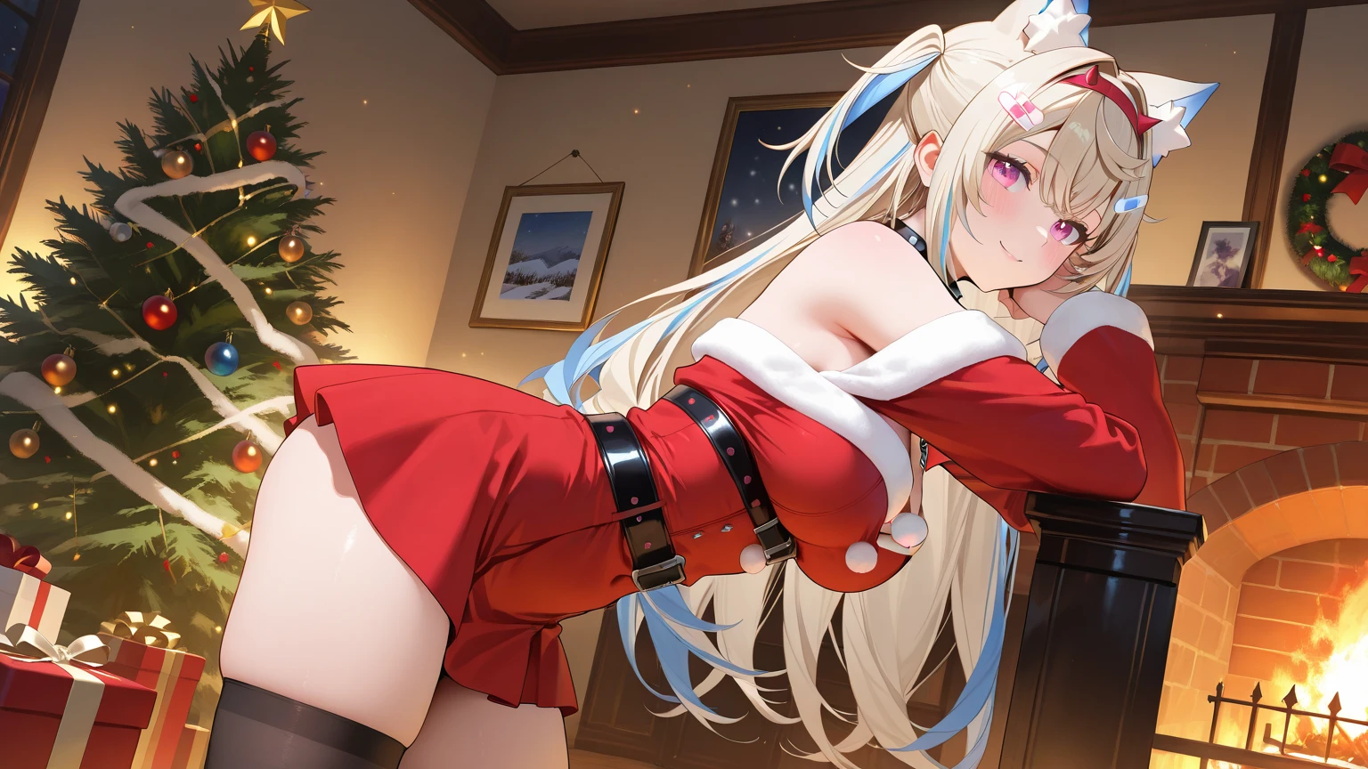 top-quality、Top image quality、​masterpiece、teens girl((Cute Santa Costumes、santa style short skirt、santa style tank top、sixteen years old、 Ager、Best Bust、big bast,wide open breasts、Beautiful light blue eyerest, a blond、A slender,Large valleys、Reflecting the whole body、Laugh、dye one's cheeks red、Red Body Paint、Red Face Paint、be shy、wave her hand、posterior view、emphasis on the buttocks、heart mark、face to viewer)),hiquality、Beautiful Art、Background with(( natta、snowflakes falling、Nice and clean room.、Christmas Party、Party Venue、Christmas Lights、Christmas tree、)))、masutepiece、depth of fields,