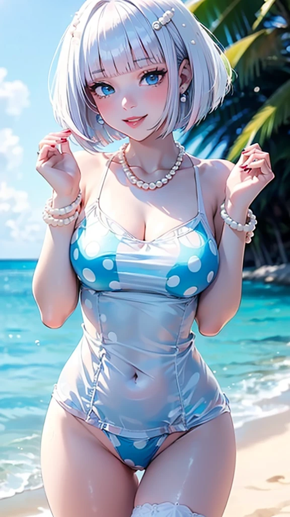 (masterpiece:1.3), (8K、photorealistic, Raw photo, best quality:1.4), (1 girl), (solo), (15 year old beautiful silver-haired Scandinavian girl), (Very beautiful and attractive woman, beautiful silver hair、intense blue eyes, strong eye highlights), (cute, little:1.5), (very beautiful face:1.5), (Beautiful face with perfect symmetry:1.2), (cute face:1.5), (wonderful smile:1.2), (perfect anatomy), (high detail skin: 1.2), (natural breasts), (beautiful thighs), (Intense blue eyes), (Beautiful silver hair bob cut), crossed bangs, asymmetrical bangs, lip gloss, (accurate arm, five fingers, accurate legs), (Detailed white dress, mini skirt:1.2), (The dress features white detailed lace., Decorated with silver embroidery), (Silver decorative headband, necklace), (Stylish high heels), Attractive, ultra high resolution, Super realistic, extremely detailed, golden ratio, Photorealistic anime girl rendering, Realistic anime 3D style, look at viewer, Summer coastal resort, Beautiful sea and flower background, ((beautiful smile)), (Cat ear)