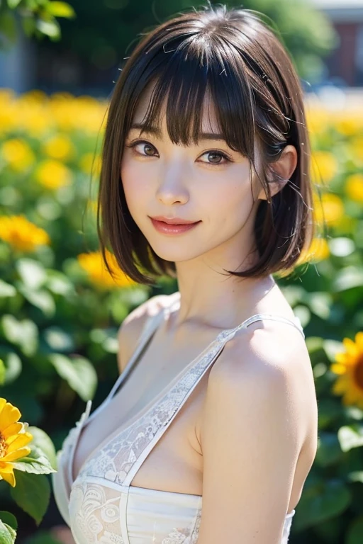 1 girl, Realistic young idol, young gravure idol, young pretty idol, Japanese model, Beautiful Asian girl, short hair with bangs, bob cut, masterpiece, 8K,Blue sky, white clouds, looking at Viewer, flower field, fresh image,
