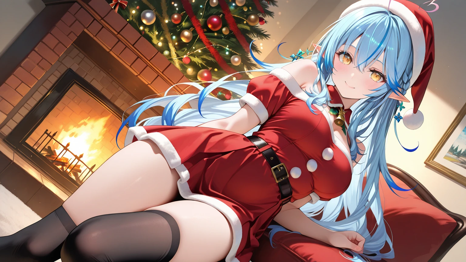 (masterpiece, top quality, best quality, official art, beautiful and aesthetic:1.2), (1girl:1.3), extreme detailed, colorful, highest detailed ((ultra-detailed)), (highly detailed CG illustration), ((an extremely delicate and beautiful)), beautiful detailed eyes, solo, indoors, dressed as santa claus, Christmas tree, snow,night, white thighhighs, side side-tie panties, <lora:flat2:-1>