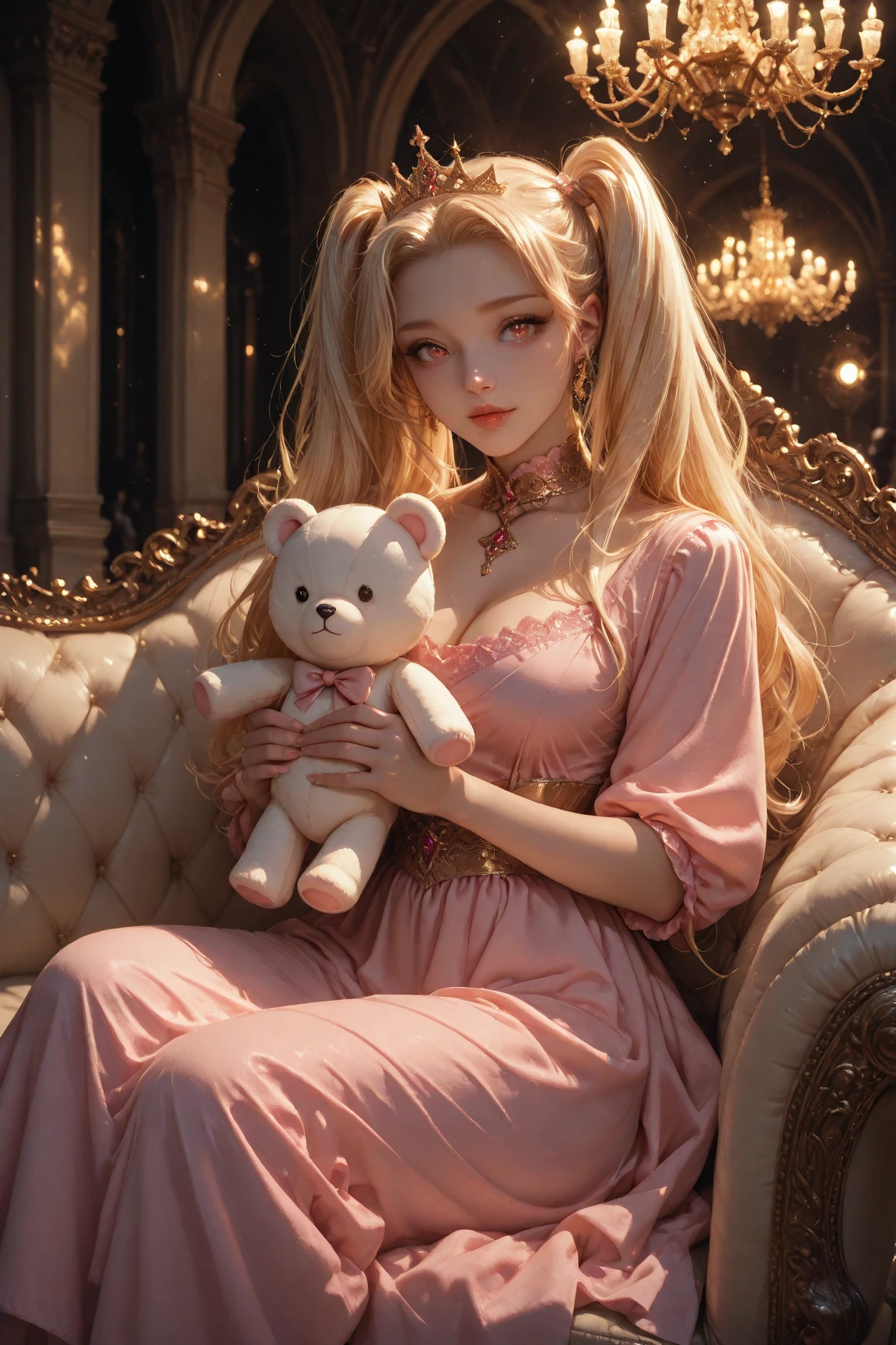 Beautiful and fantastic art illustration,Cartoon animation style,A super cute beautiful and pure blonde wavy curly girl,Hug the kitten,Romantic roses,Cream rose,Pink-purple roses,Lie in the flowers,Clusters and clumps,Wonderful,Best quality at best,A high resolution,Complicated details,fanciful,cute animal,64K Ultra HD resolution