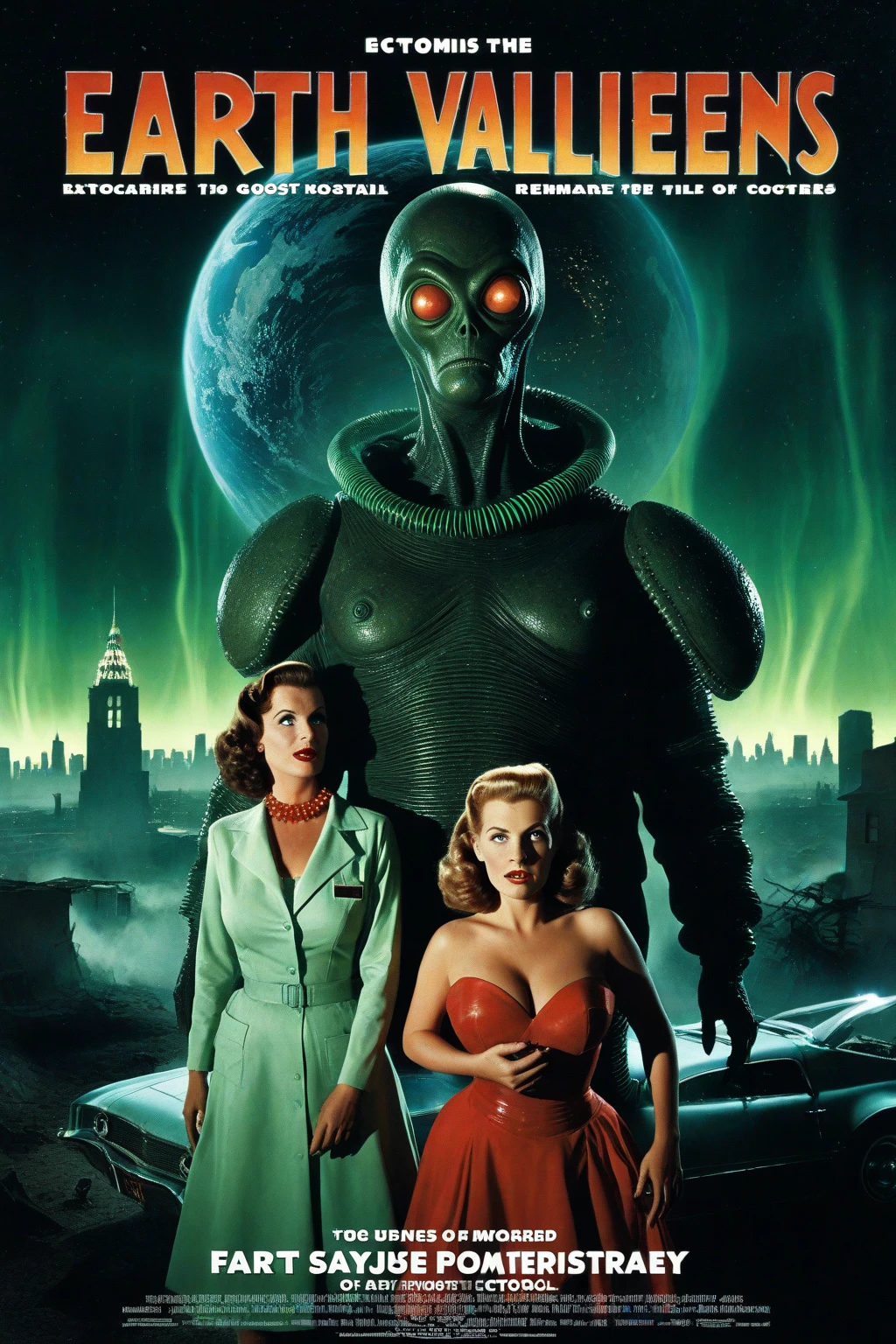 old vintage retro poster of a film still from a horrible 50s sci-fi movie, featuring an alien carrying a beautiful woman in its hands <lora:xl_real_beta1:0.5>