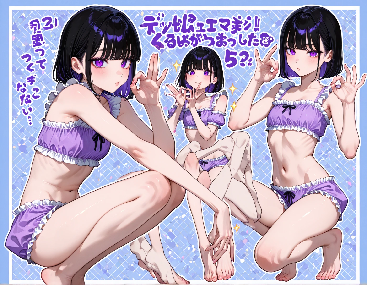16k works,Highest quality,18-year-old,No background.White background only,whole body、Kneel,Dynamic and sexy pose, One person, Beautiful Face,, Symmetrical eyes, Perfect body, Good balance、 Perfect body、Purple Hair, Purple eyes, Low Ponytail, Hair that falls over the shoulders, Single Side Lock, Hair Scrunchie, Blue Scrunchie, Asymmetrical Hair, hair , , Black Hair , black skirt , No pants , penis , Purple eyes , skirt , Show your vagina