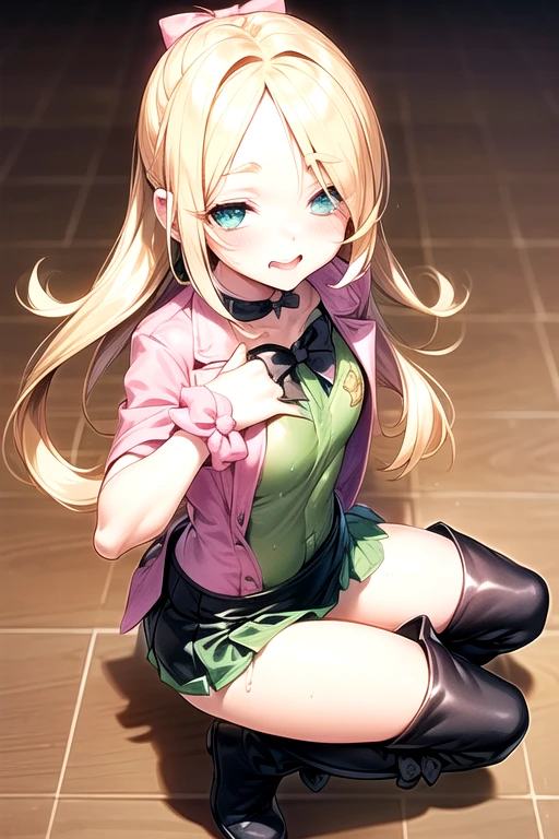 NSFW,(One girl:1.5),Blonde,Very long hair、Messy Hair、Flat Chest,hair ornaments、hair band、Bleaching、Haori、belly button、Black gloves、Pleated skirt、Green skirt、White knee socks、Cleavage,kimono,(Perfect hands),(Perfect Anatomy),(masterpiece),(highest quality),(Embarrassed:1.5),blush,(Ecstasy face:1.5),In heat,Crouching,Leg spread,Night Park,Street lamp,Pee,Peeing