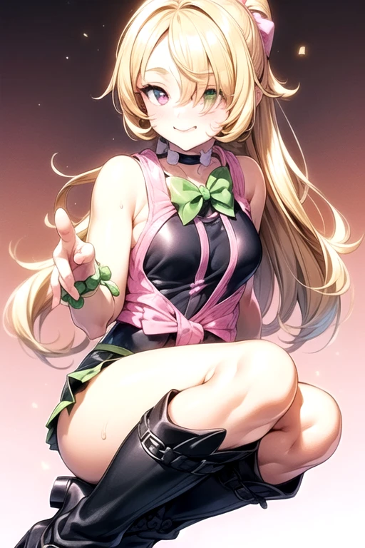 masterpiece, Highest quality, Absurd, Perfect Anatomy, One person, alone, Sena Kashiwazaki, Long Hair, Butterfly Hair Ornament, Trick or Treat Cosplay, Revealing clothing, Shrug \(clothing\), Short sleeve, Layered Bikini, Purple Bikini, Green Bikini, belt, Nurse cap, mini skirt, Green gloves, Knee socks, Garter Straps, From the side, indoor, smile, blush