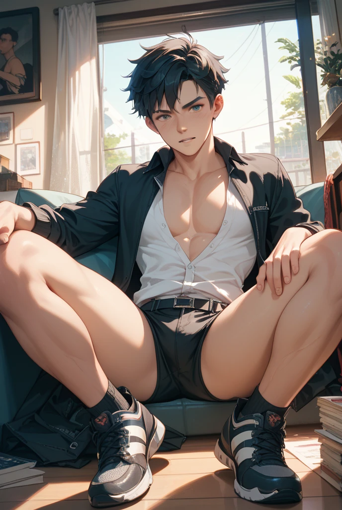1 boy ,Libido boy,20yr old,Handsome,Raised sexy,k hd, tmasterpiece,8K,White thong,Nudity all over,Bare topless,white short socks,massive bulge,A sexy pose,Trembling,full-body view