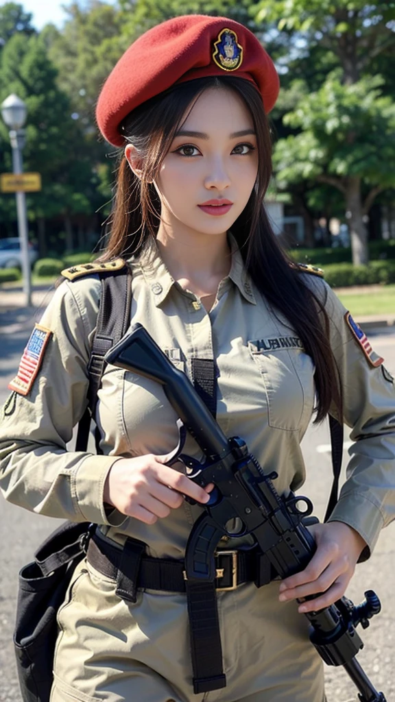 Ultra detail, high resolution, (realistic, realistic:1.4), 8k, (best quality), physical-based rendering, realistic photos, professional color grading, top quality, female soldier, holding a gun, aiming at viewers, long hair, slender body, military uniform, bikini, soldier hat, tied hair, military unit, tank, fighter,