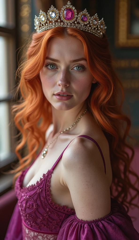 Generate an image of a Russian woman with distinctive features. She should have long, vibrant red hair that cascades down her back. Her skin should be pale, almost porcelain-like, contrasting beautifully with her fiery hair. Her eyes should be a striking shade of blue, clear and bright. She should have a voluptuous figure, with large breasts and big, round buttocks. This combination of features should create an image of a stunning, alluring Russian woman, naked, pink vagina with no hair