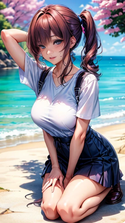(8K、Highest quality、Highest quality、masterpiece)、Detailed face、One Girl、(Brown Skin:1.2)、Long Hair、Yellow Eyes、Grin、(Black tank top、Denim hot shorts、Mini Shorts、Spread pussy under shorts、frontal wedgie、wedgie、Spread vagina under shorts)、labia view、Beach、cloud、vagina、Spread Vagina、spread pussy、Big Breasts、