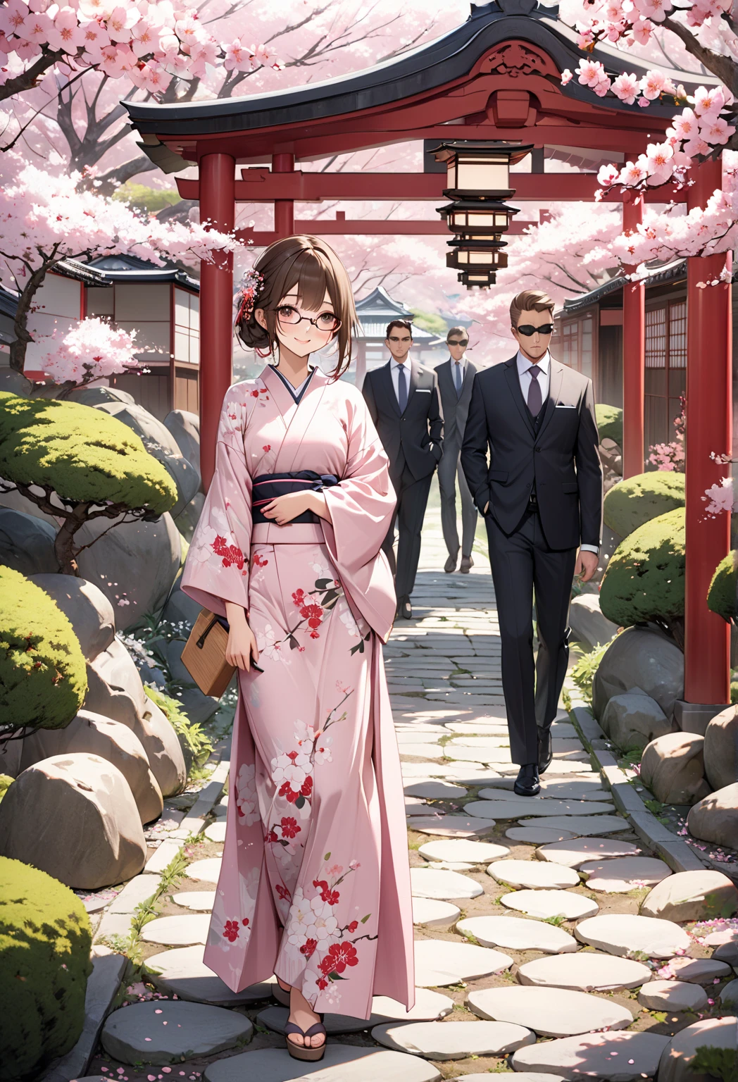A medium-range photo taken on a stone walkway in one of the gardens, designed to resemble a traditional Japanese scene, with the main subject being a shoulder-length brown-haired Japanese girl wearing a pale pink and white floral yukata dress. She stands in a walkway lined with rocks and small trees, and topped with blossoming pink cherry blossoms. Lush, creating a picturesque and tranquil atmosphere reminiscent of Japan, traditional Japanese lanterns and buildings appear subtly in the background, adding beauty to the themed garden scene. She, with a soft smile, surrounded by men in suits, wearing black glasses, stands security around her, is a boho. Super cute gangster.