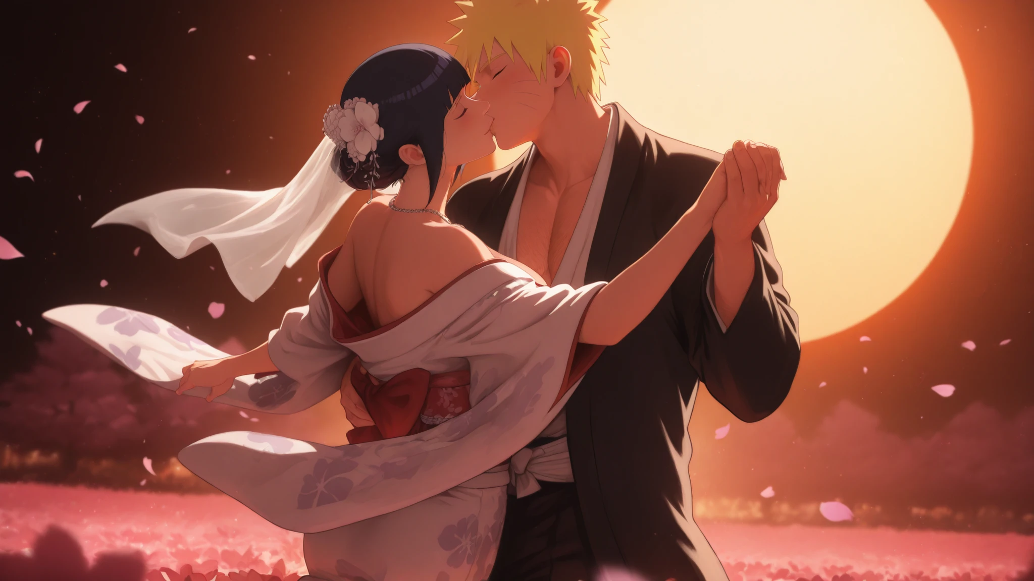 flat color, WaifuDiffusionStyle, neutral background, white splash stylized outline background 1girl, mature_woman, nose, hyuuga_hinata, black_hair, straight_hair, bridal_updo, flower_hairpiece, veil, wedding_kimono, white_kimono, floral_pattern, off_shoulder, necklace, 1boy, uzumaki_naruto, blonde_hair, short_spiky_hair, black_haori, formal_kimono, holding_hands, gentle_kiss, closed_eyes, cherry_blossom_petals, falling_petals, soft_backlight, warm_glow, romantic_atmosphere, outdoor_setting, full_body_focus, ((dancing)), hairy, muscular, muscular_male, chest hair, manly