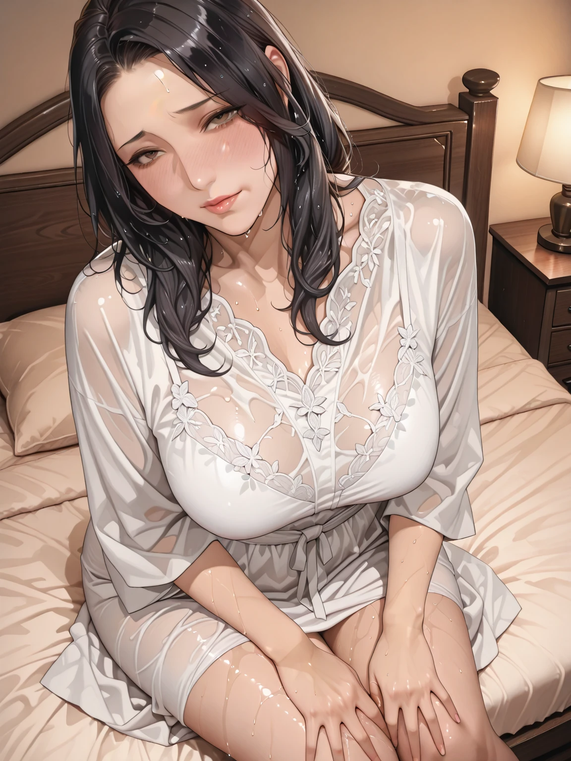 1 female, milf, brown long hair, large breast, perfect body, wearing satin white pyjamas sleep wear with love pattern, standing, blushing, smiling, inside bedroom, oda non, seethru shirt, transparent sleepwear, front view,