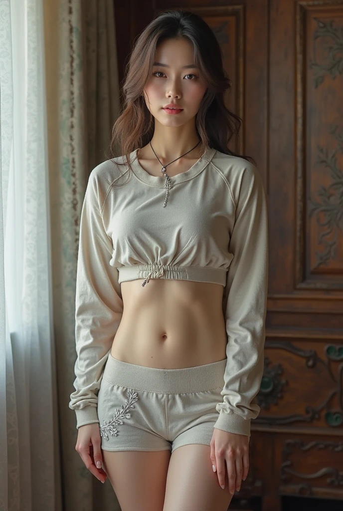 Top quality、On the table、solo、、Natural appearance、Brown hair、Long-sleeved sweatshirt、camisole、very attractive、Ultra-high resolution、surreal、High Detail、Golden Ratio、Golden Ratio、Golden Ratio、beauty、beauty、beauty。