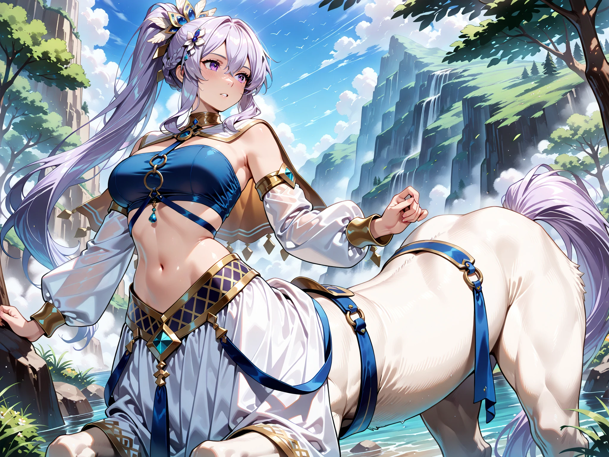 Beautiful arts wallpaper Sunset Outside castle top  High level image quality　best image quality　8K　 adult woman   silver castle outside  more colors   whole body view　portrait　 wearing pure white bikini  　horn    ears  　short hair（（shortcut）（gray hair）（perm）（fluffy））　eye color is blue ,  , 　attractive evil face , smile   ,  heroic stance   ,  labrynth   ,gloves     , barefoot , riding crossed legs on horse , riding fast  on green Field , grabbing horse hair