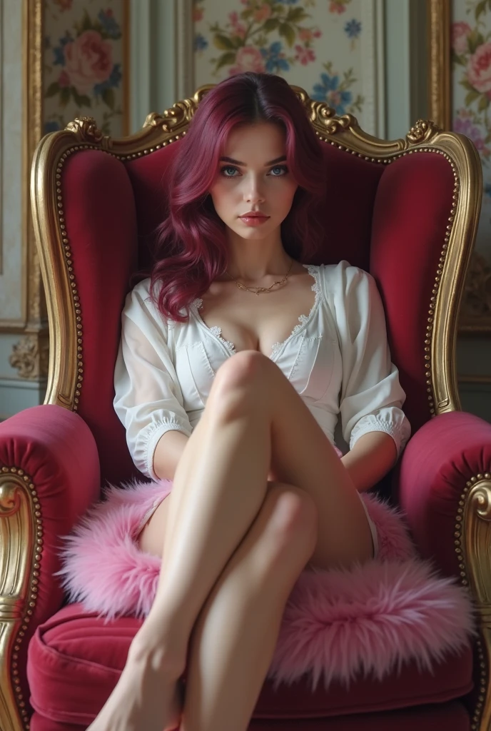 A glamorous pin-up model reclining on a luxurious chaise lounge, surrounded by opulent vintage decor, classy refined, her pose and expression inviting and confident, with rich, pastel colors and a complex, detailed background, extremely naked, giant