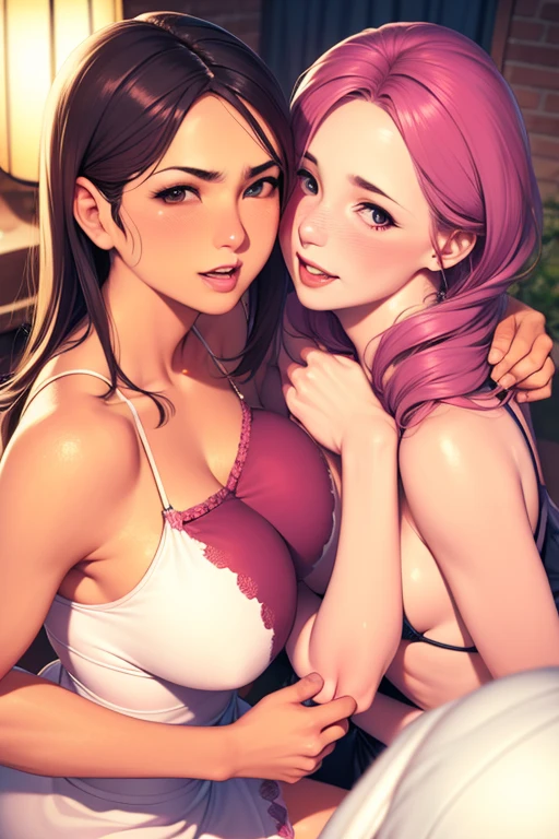 NSFW:1.3Best Quality,High resolution,8k,finelity detailed background,Masterpiece:1.2),(Two Beautiful Girls 1.3),体Kiss:1.2,The beautiful girl on the left has shiny pink hair.,asymmetrical hair,Beautiful pink eyes,Gentle look,A refreshing look,(smile)NUDE,The beautiful girl on the right has shiny brown hair.,asymmetrical hair,Beautiful brown eyes,Gentle look,A refreshing look,(smile)NUDE,Best quality,Best Quality,Aesthetic and aesthetic:1.2,Best details((Super detailed))(High-definition CG illustrations),Upper Body,(Cleavage:1.2)Slender body,night,moon,Bedroom,On the bed,smile,blush,cute,Scrounge,Looking up,Being spoiled,super model,(nsfw:1.2), (How:1.5), (sweat:1.2), (steam:1.2),kissing,Kiss