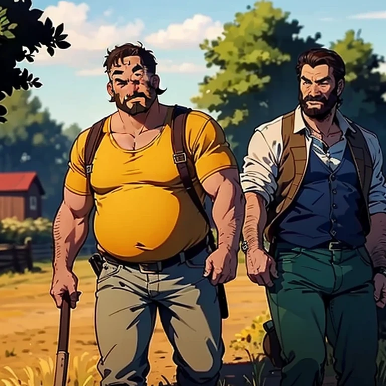Tremendously huge and mega beefy cowboy Beefcake, Red hair, green eyes, huge thick thighs, colossal meaty butt, blue jeans, big lump, hairy chest, straw cowboy hat, huge muscular chest, protruding pectorals, unrealistically oversized pecs, leaning on a short fence.