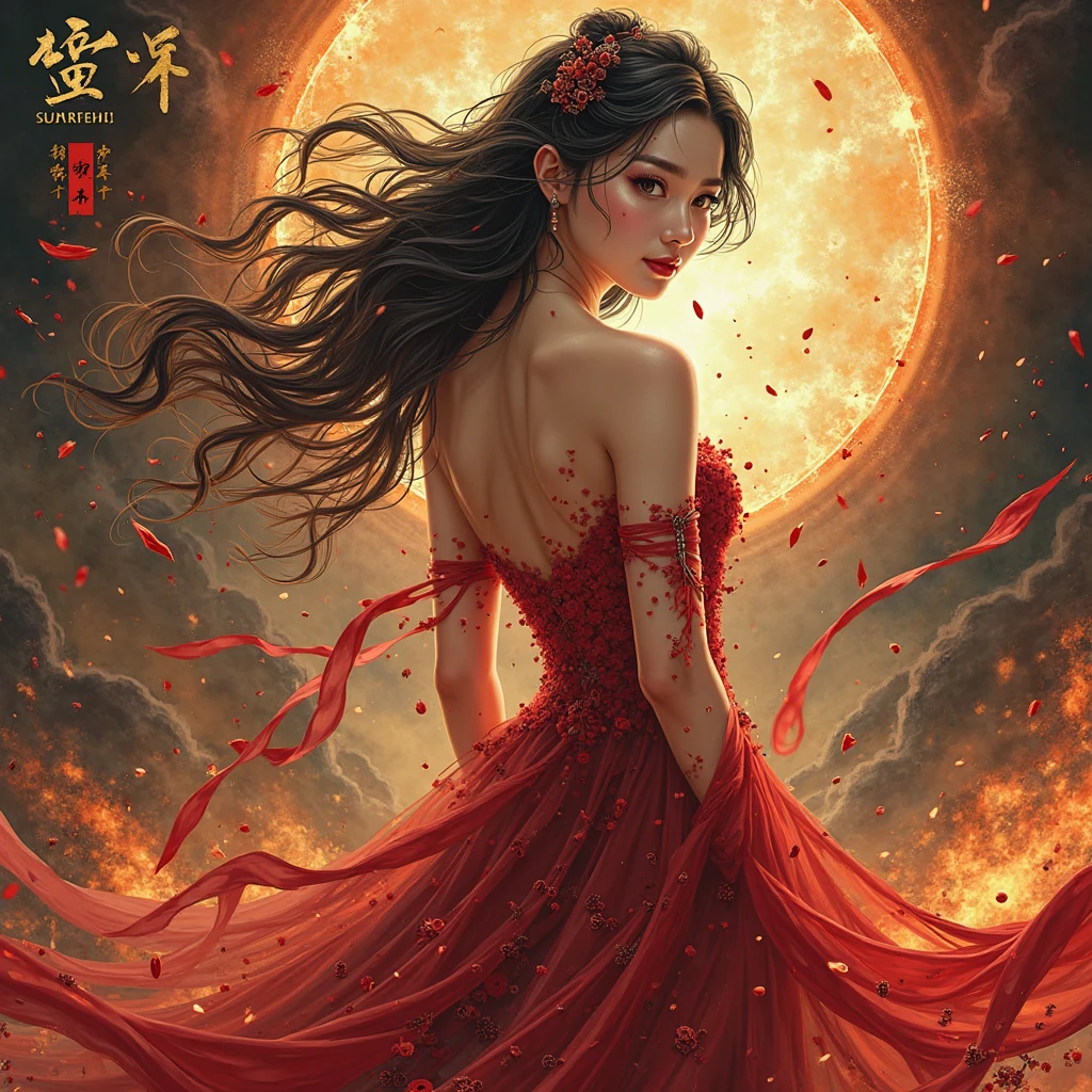Intricately detailed illustration of a woman with black hair, long and voluminous curly hair, red rose in her left side of hair, Caucasian skin, vibrant red dress with small slit with a black fabric underneath at the bottom showing only in the middle, Smoke a cigarette, full body shot shot, Fantastic, Imaginative, visually rich, atmospheric, Reference of the Brazilian African religion