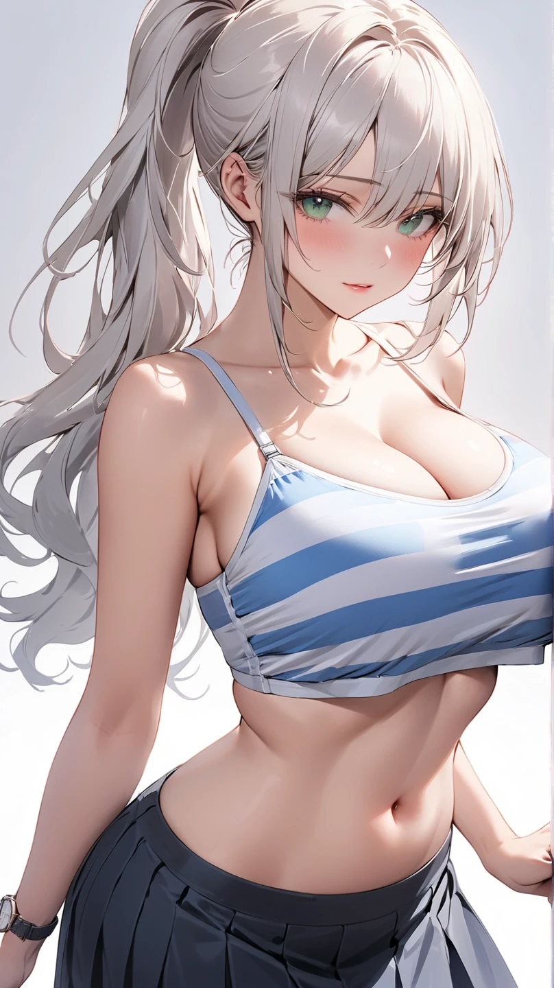Beautiful silver-haired woman with blue eyes, Wearing sexy panties, She looks down on the viewer with a cute smile, Highly detailed and realistic, masterpiece quality, Very detailed, High resolution, Studio Lighting, Vibrant colors, Physically Based Rendering, Thick and muscular thighs, Beautiful muscular thighs, Very strong wrestler,((Raise your arms, Expose your armpits)),