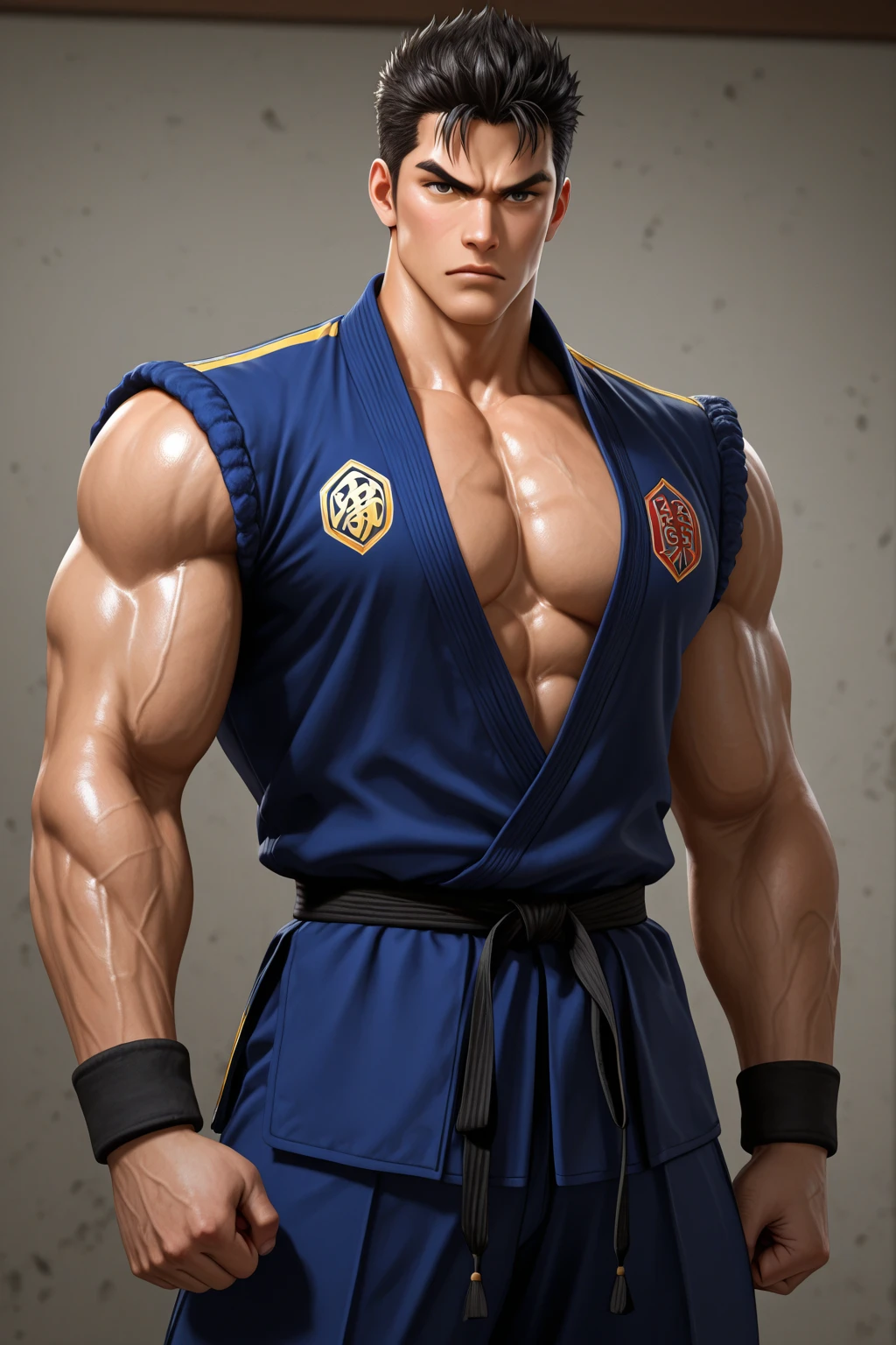Mighty fighter, chest exposed, lower body unclothed from thighs to feet, flowing long curls, detailed muscular physique, photorealistic depiction, 4K resolution. Background: Martial arts dojo,32k uhd, best quality, masterpiece, super detail, high details