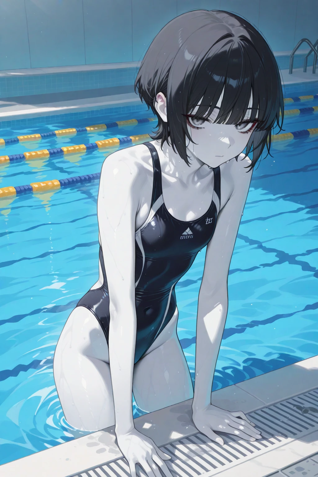 ultra-Top-quality by art God, ultra-detailed, high resolution, shinkai makoto style, anime moe artstyle, best anime 8k konachan wallpaper, pixiv contest winner, perfect anatomy, break,(Please draw a picture of a girl in a swimsuit sitting sleepily on a bench by the poolside alone.),break, a hyperrealistic school girl, (Solo,lolita, ???, 13-year-old:1.3),Full limbs, complete fingers, androgynous charm, (very short hair), wet hair, small breasts,slender body, Small butt, groin, Small black eyes,hanme,beautiful detailed eyes, well-proportioned iris and pupils, sleepy eyes, highres detailed hair, swimsuit, wet swimsuit, bare shoulders, thighs, in the school pool. break,super detailed skin, shiny skin, Best lighting powered by famous artist, 8k, illustration,UHD, textured skin,break,((artist:mattaku_mousuke )), artist:clamp ,artist:carnelian ,artist:kantoku ,
