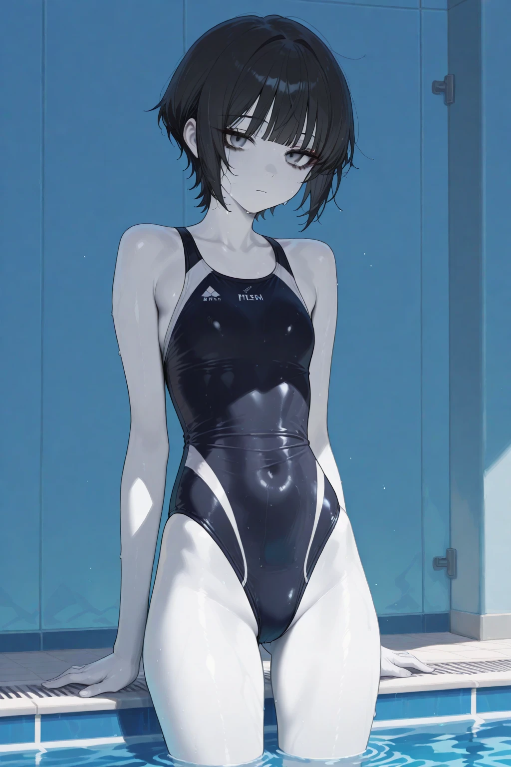 best quality, masterpiece, 1girl, raytracing, ultra detailed,detailed face, 8k wallpaper, 1girl,  ((petite, slender):1.2), one-piece swimsuit, short