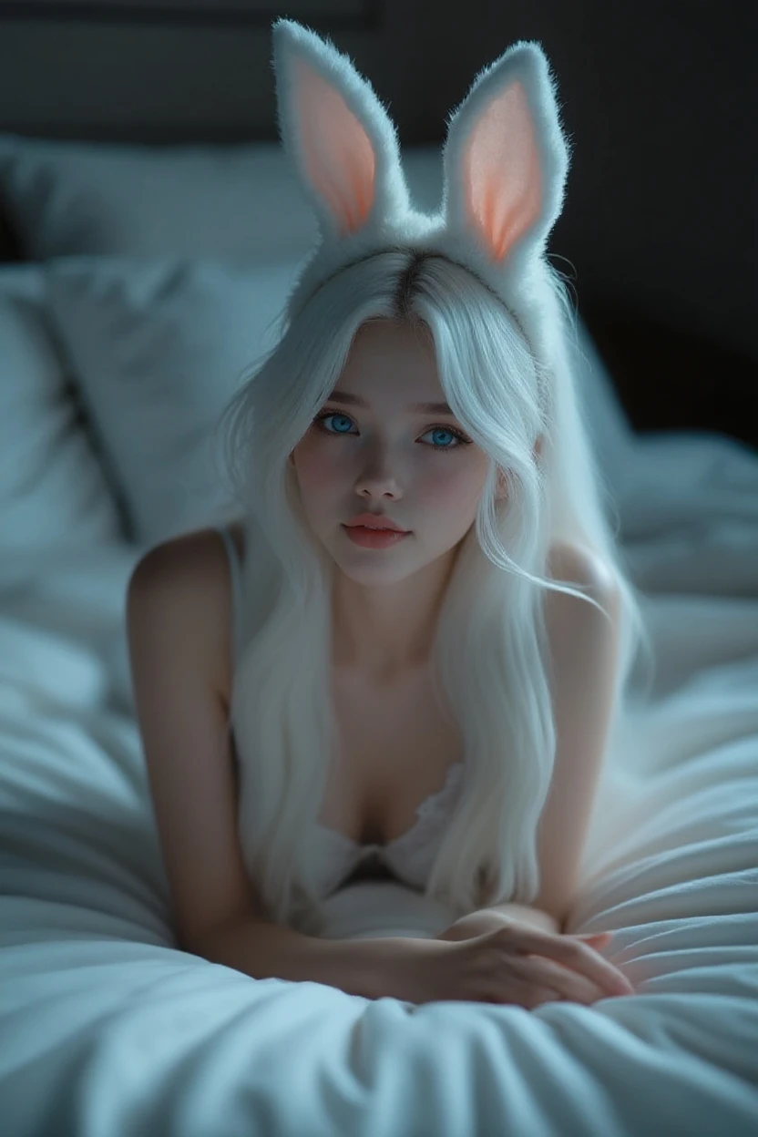 White bunny, ((handcuffed on the bed)), fluffy stuffed animals, ethereal, sexy face, tear in her eyes, long white hair, bunny fluffy outfit, short white dress, model, cute face, sweat, 8k hyperrealist, (very detailed face), (selfie point of view), bunny outfit, unexposed,  girl