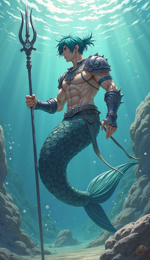 A tall man with broad shoulders. He is not that strong, but has a muscular body. He is 20 years old, he is a young man
He has short black hair and turquoise eyes. He is shirtless and wet, because he is a merman. He is in his human form. He is holding an imponent Trident made out of aquamarine