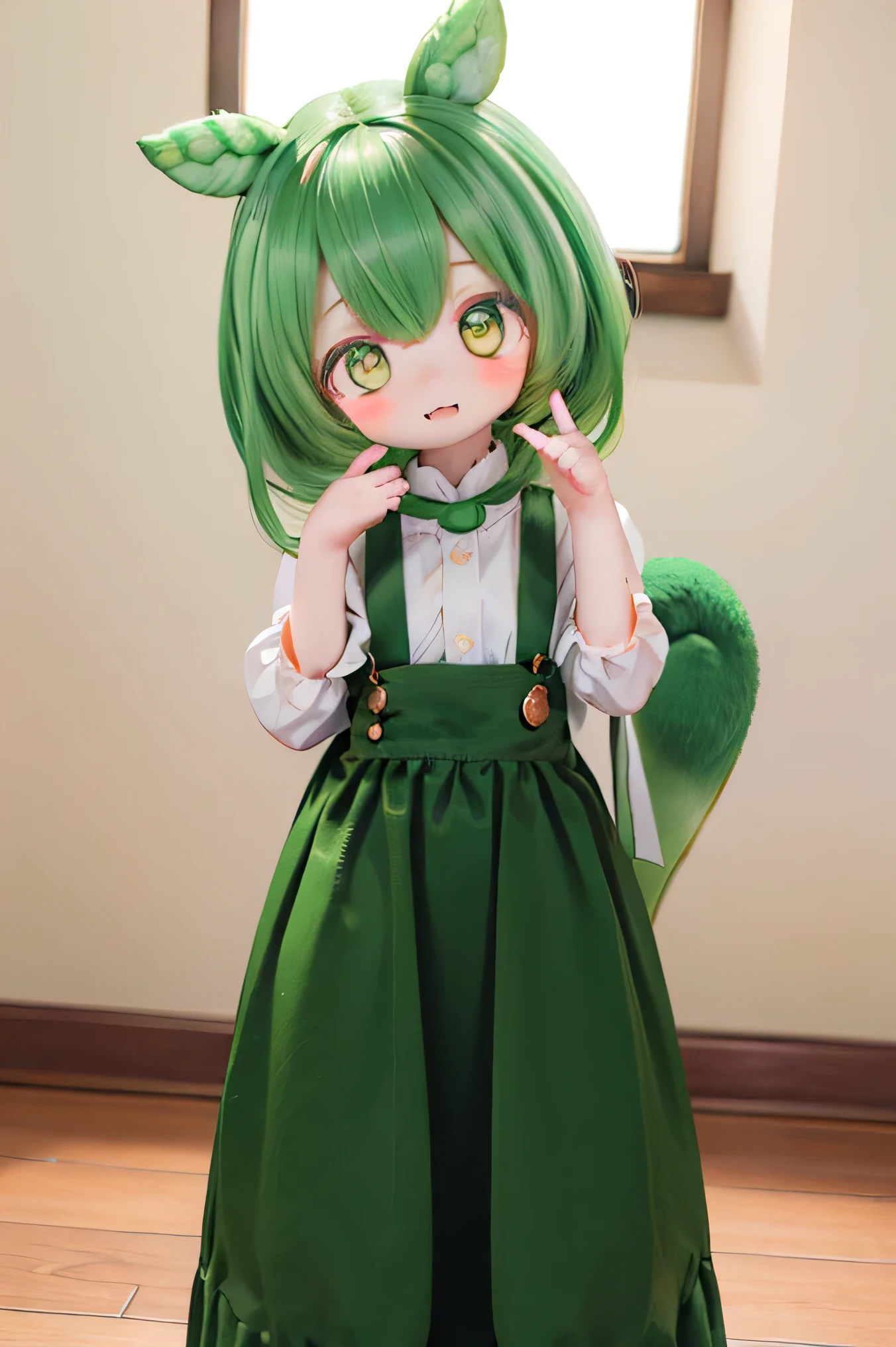 cute green-haired zundamon in playful pose, Exquisite Character Design , Delicate Details , surreal , photorealistic , 8k, masterpiece , is high resolution, bright color, I can see the light of a lot of kind people , Natural Light, 、 warm palette , is amazing , Nikon Z7 IIミラーレスカメラで撮影したis amazing映像 , cute , cuteデザイン , , Heartwarming、Edamame、 execution (((((young lady))))))(((long hair))) (((((Long Dress))))))long skirt、 very elegant word classrooms