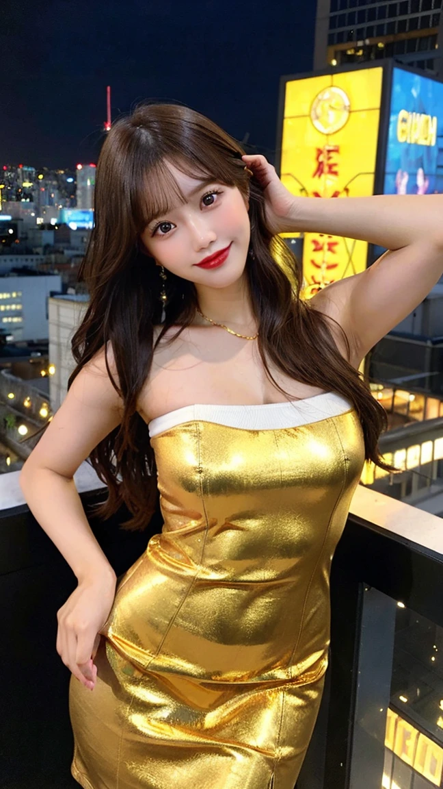 (((masterpiece))), Ultra-high resolution, (8K), (((Looks super realistic))), Highest quality, Ultra fine, ((Anatomically correct)), Cinematic lighting, (Super beautiful sexy 29 year old woman), ((Only one person)), Oval Face, Beautiful Face, smirk, Natural Makeup, Detailed big eyes, double eyelid, Detailed eyebrows, Thick lips, ((long wavy hair:1.1)), ((dark brown hair color:1.1)), Detailed skin texture, Glowing Skin, (Alluring large breasts:1.3), Perfect and beautiful body, Seductive big ass, Detailed and perfectly fitted outfit, (((Colorful shiny off-the-shoulder dress))), Gorgeous Necklace, Gorgeous Earrings,