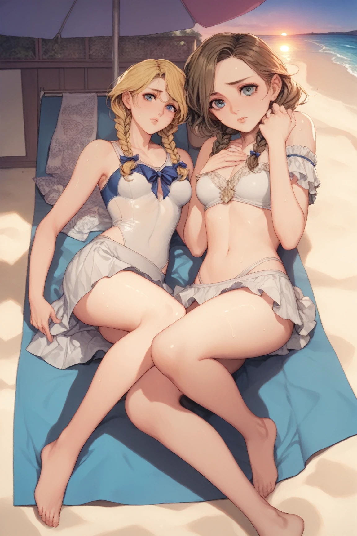 (cute eyes:1.2), (sparkling eyes:1.2), (8K、Best image quality、highest quality、masterpiece)、Detailed face、(2 girls)、Improve、((Brown Skin:1.3))、blonde、Low Ponytail、Scrunchie、Yellow Eyes、Earrings、Wicked Smile、((Grin)), (glamorous:1.1), (huge breasts:), (Light blue striped micro bikini:1.1), (lying:1.3), Classroom Background, (black stockings:1.2), (Thighs:1.2), (Waistline), (from bellow:1.2)