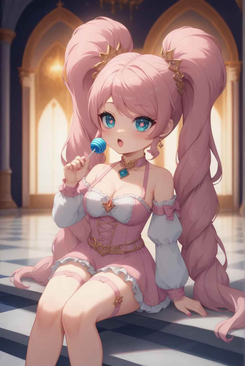 gigantic breasts, Very thick thighs、Very big ass、A young woman wearing a magical girl costume, vibrant pastel colors, sparkling accessories, flowing skirt, detailed lace and ribbons, long hair in twin tails, facing the viewer in a full-body shot, bashful expression, teary smile, hair color and hairstyle randomized, gravure、Girl to be photographed、 (masterpiece: 2), best quality, ultra highres, original, extremely detailed, perfect lighting, 8K, 2,5D