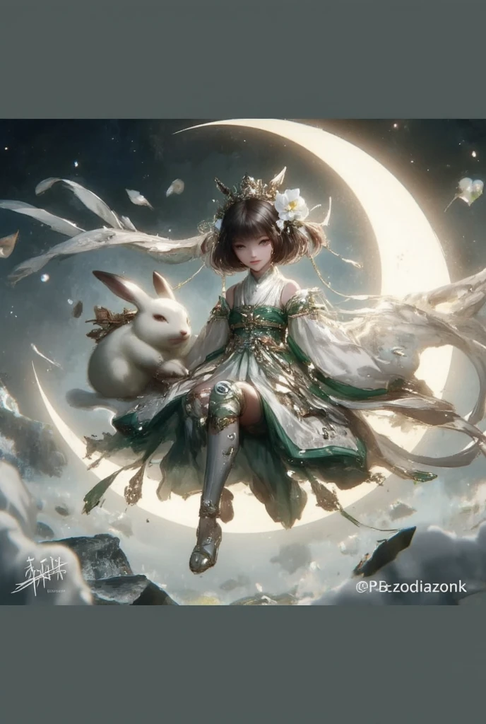 Mid-Autumn Festival poster, moon, full moon, Dunhuang flying girl modeling, shape, clouds, mooncakes, modern style, gradient background color, details, masterpieces, exquisite facial features, coordinated body proportions --auto --s2